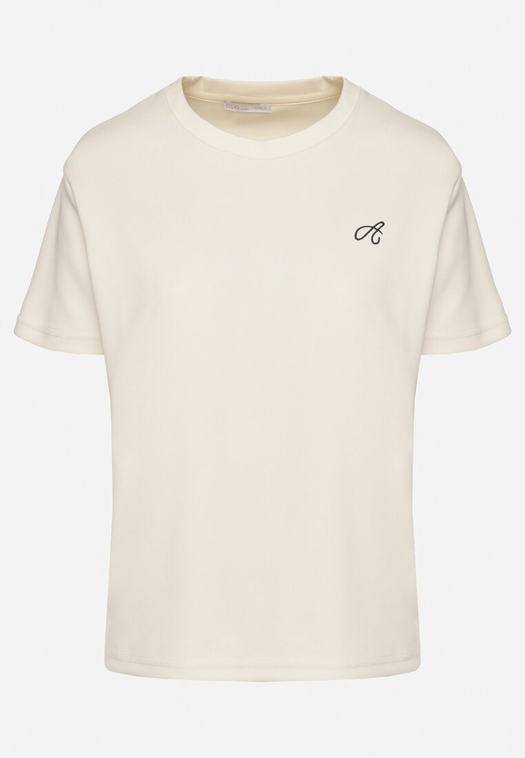 Jasnobeżowy T-shirt o Klasycznym Kroju z Ozdobnym Haftem Galerrena