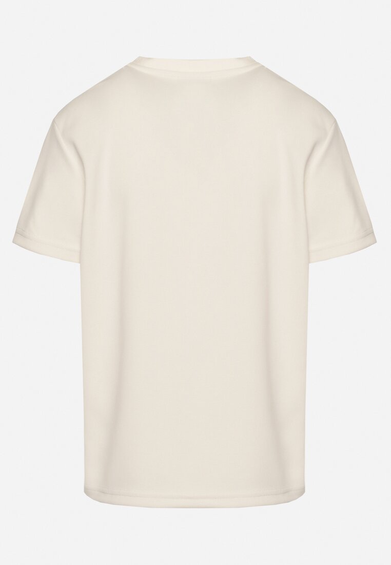 Jasnobeżowy T-shirt o Klasycznym Kroju z Ozdobnym Haftem Galerrena