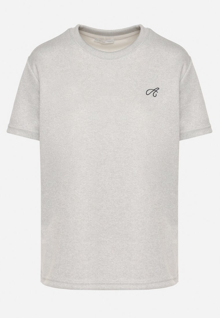 Jasnoszary T-shirt o Klasycznym Kroju z Ozdobnym Haftem Galerrena