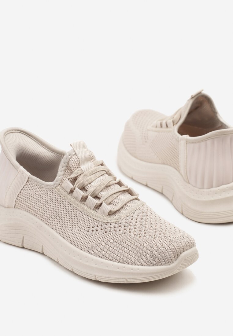 Beżowe Siateczkowe Buty Sportowe Sneakersy Wsuwane z Ozdobnym Sznurowaniem Terelea