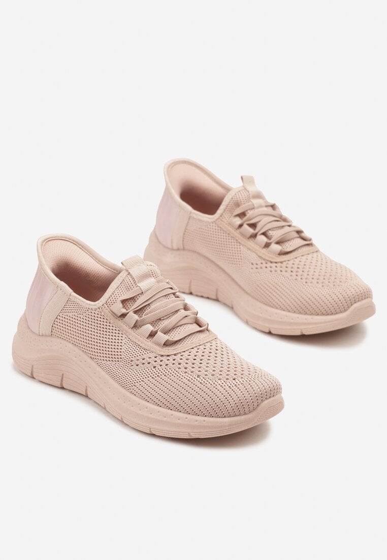Jasnoróżowe Siateczkowe Buty Sportowe Sneakersy Wsuwane z Ozdobnym Sznurowaniem Terelea