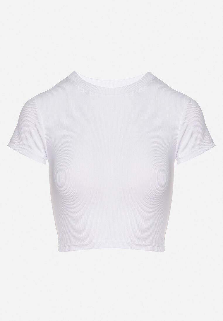 Biały T-shirt z Prążkowanego Materiału o Krótkim Kroju Telunna