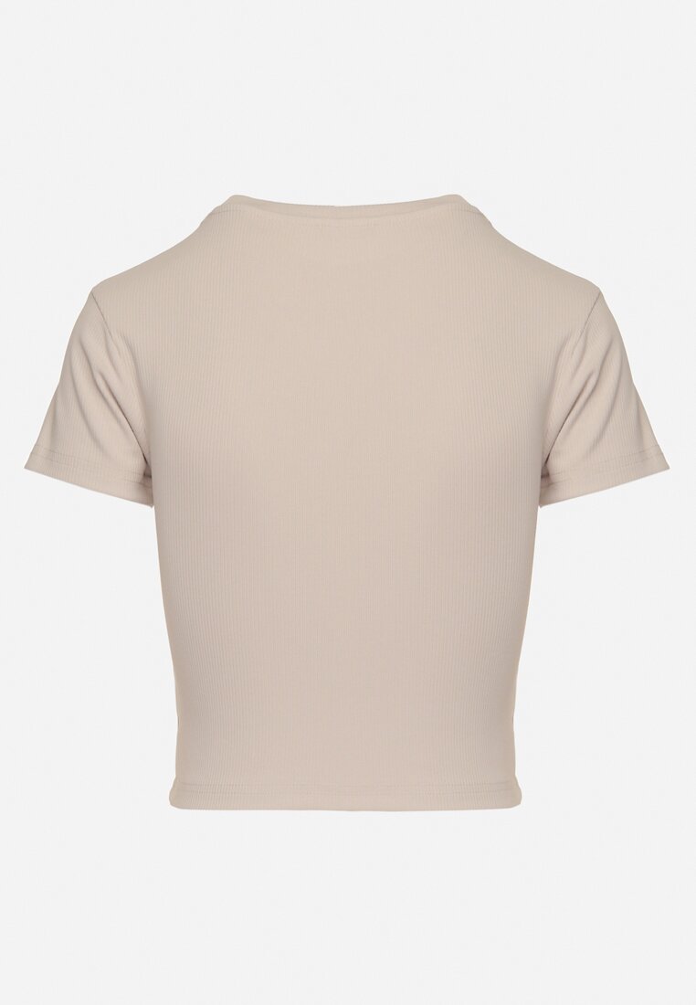 Beżowy T-shirt z Prążkowanego Materiału o Krótkim Kroju Telunna