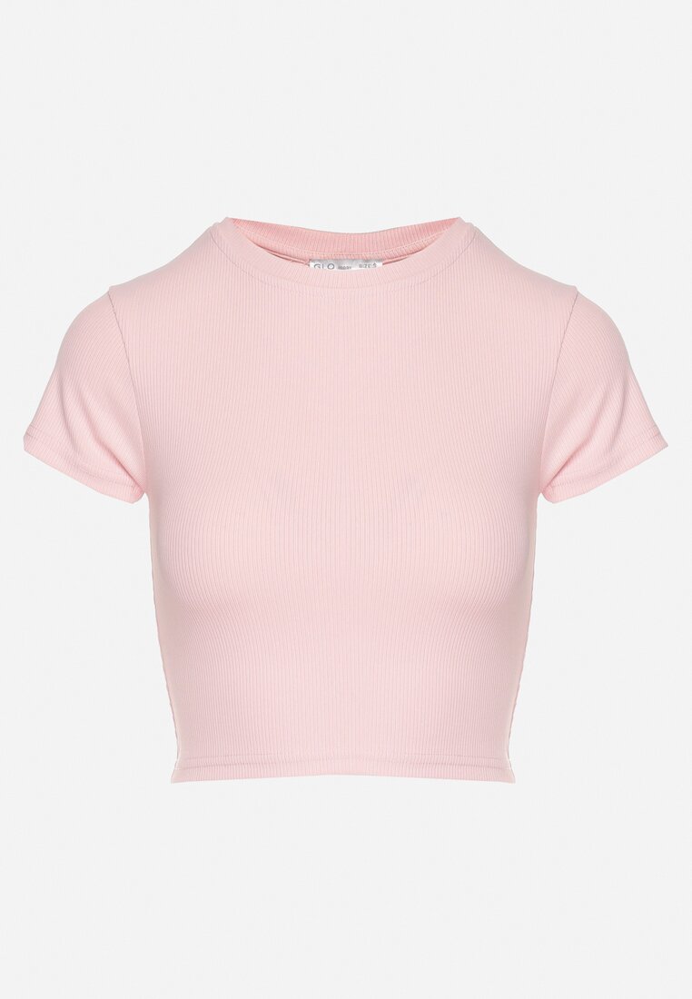 Jasnoróżowy T-shirt z Prążkowanego Materiału o Krótkim Kroju Telunna