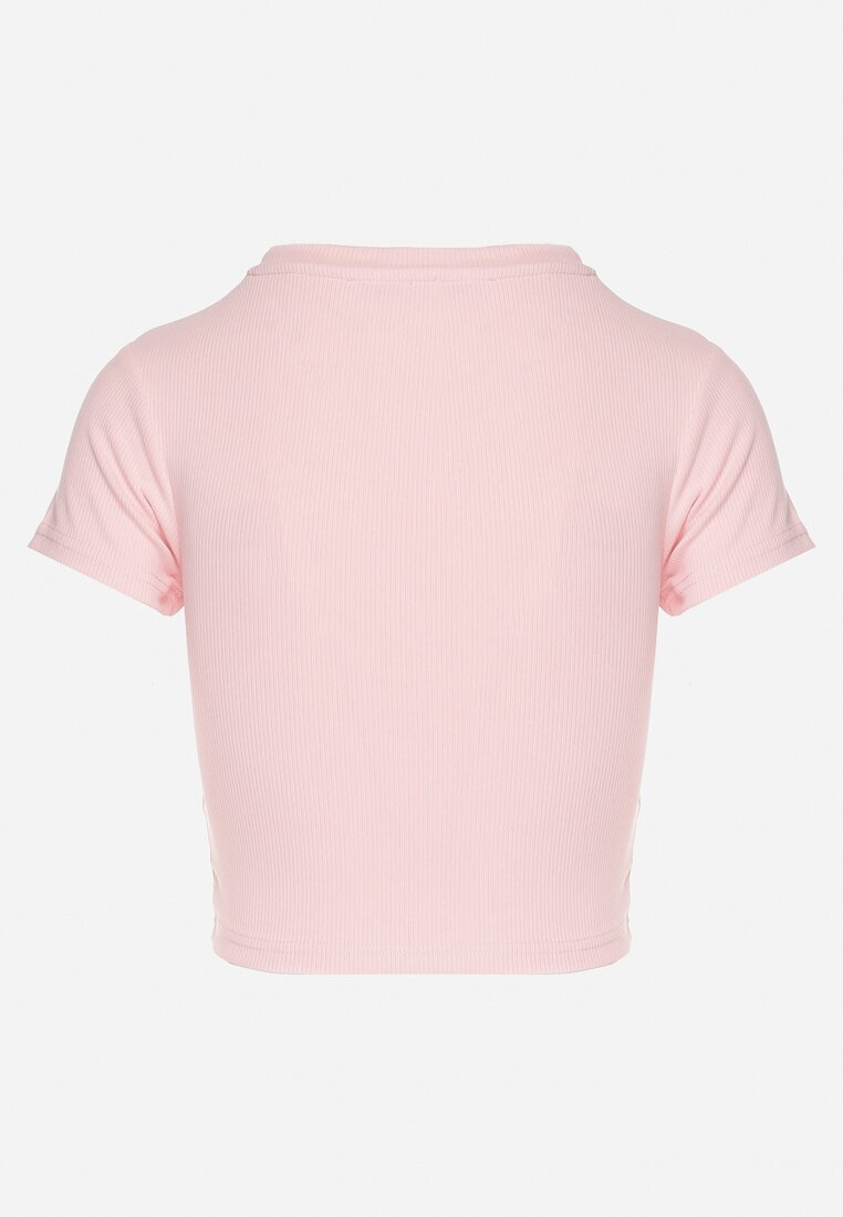Jasnoróżowy T-shirt z Prążkowanego Materiału o Krótkim Kroju Telunna