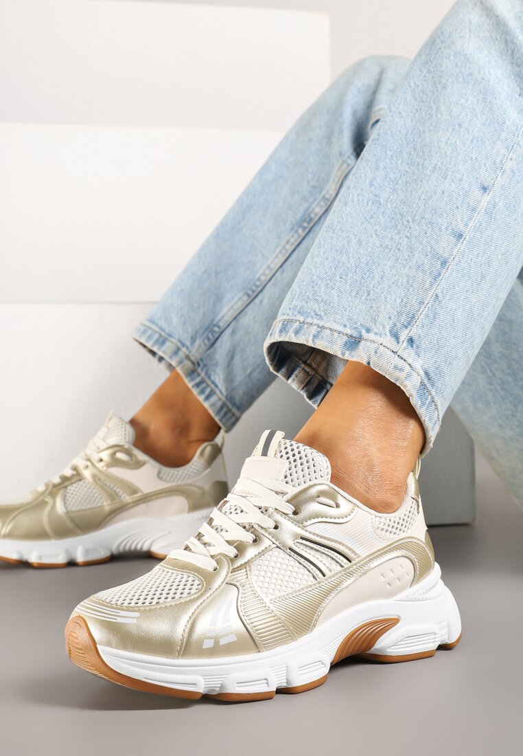 Beżowe Sneakersy w Streetwearowym Stylu z Siateczkowymi Zdobieniami Dorelline