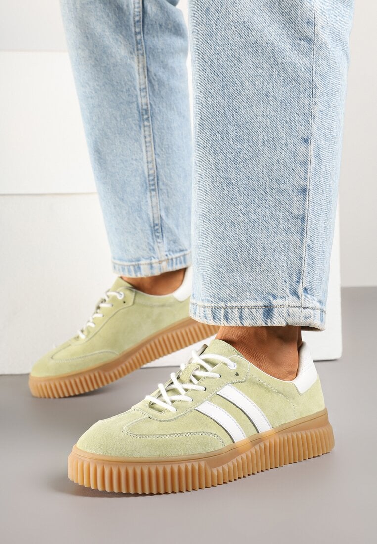 Jasnozielone Sneakersy z Naturalnego Zamszu na Grubej Tłoczonej Podeszwie Teneskela