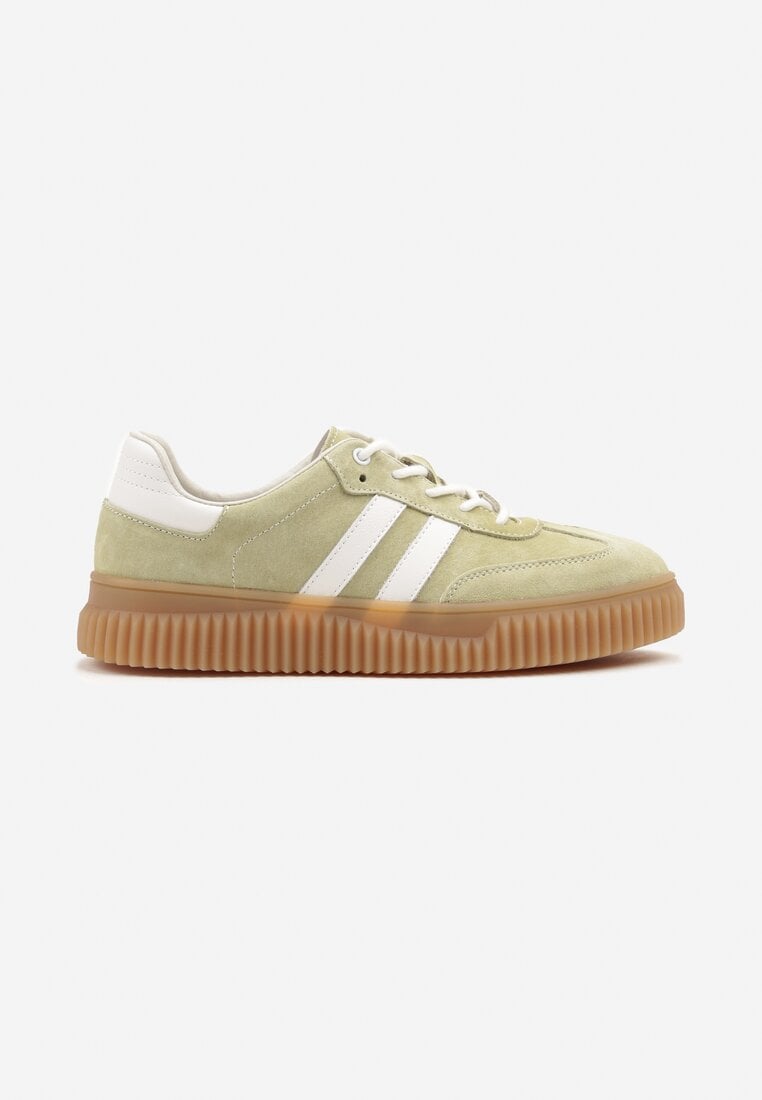 Jasnozielone Sneakersy z Naturalnego Zamszu na Grubej Tłoczonej Podeszwie Teneskela