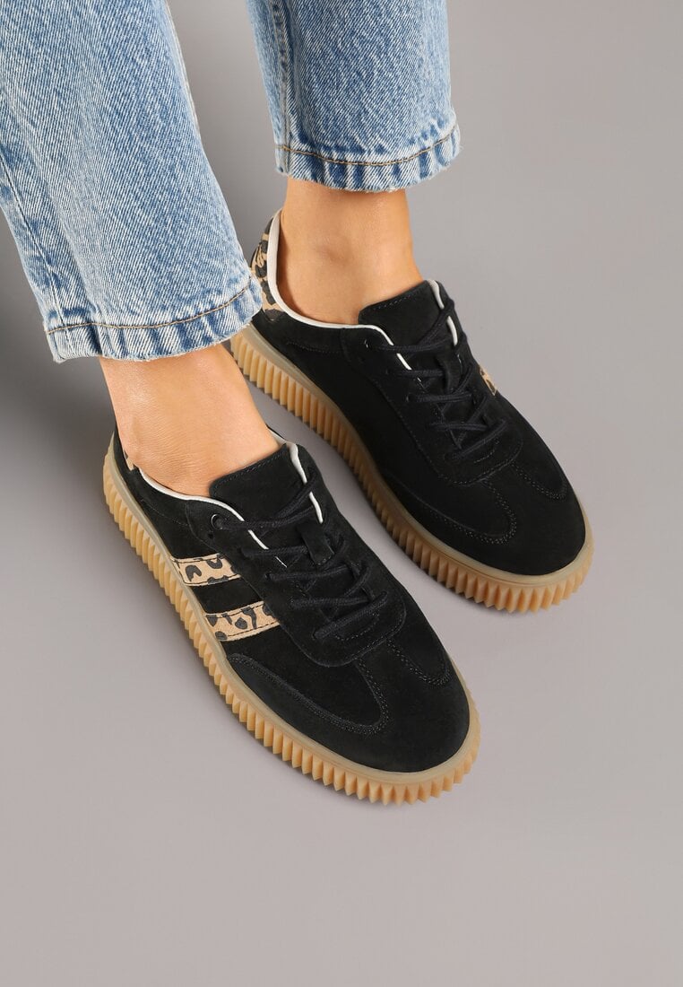 Czarne Skórzane Sneakersy Klasyczne Tenisówki z Zamszu Naturalnego ze Wzorem w Panterkę Teniresela
