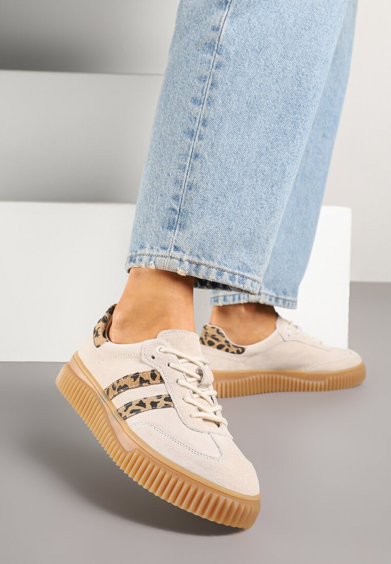 Beżowe Skórzane Sneakersy Klasyczne Tenisówki z Zamszu Naturalnego ze Wzorem w Panterkę Teniresela