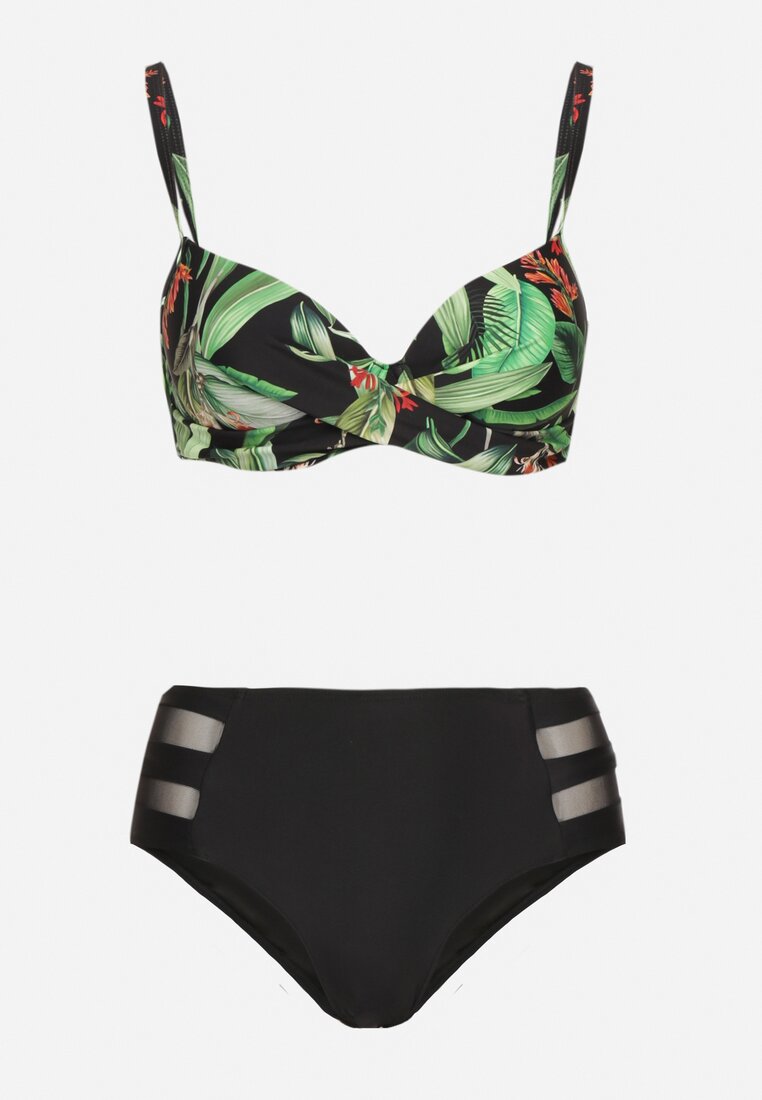 Czarne Bikini Majtki Figi z Siateczkowymi Wstawkami i Biustonosz w Liście Kinella