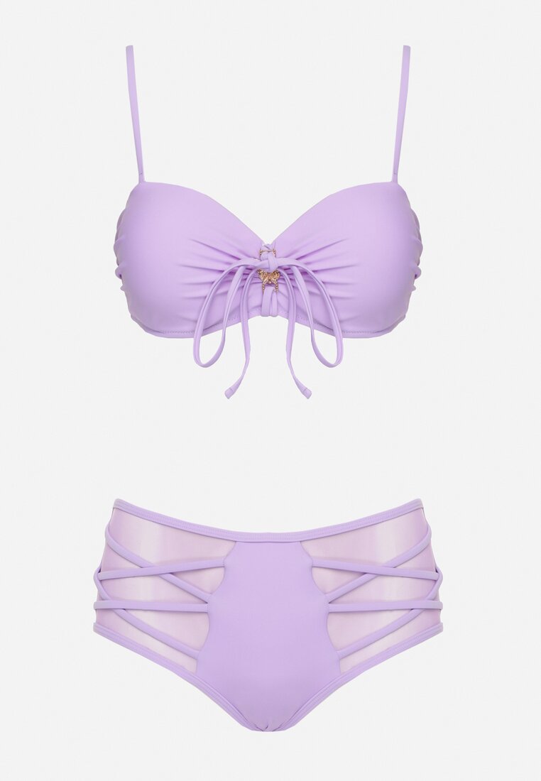 Fioletowe Bikini Biustonosz i Majtki Figi z Wysokim Stanem Zdobione Siateczką Kinetia