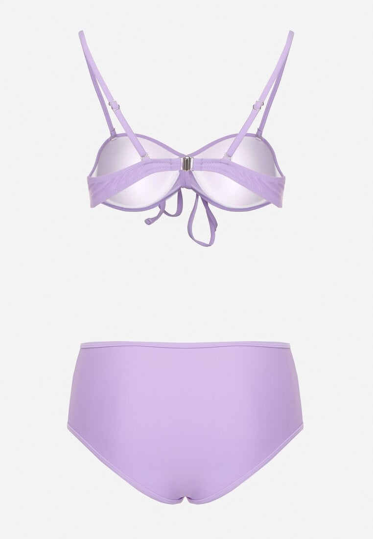 Fioletowe Bikini Biustonosz i Majtki Figi z Wysokim Stanem Zdobione Siateczką Kinetia