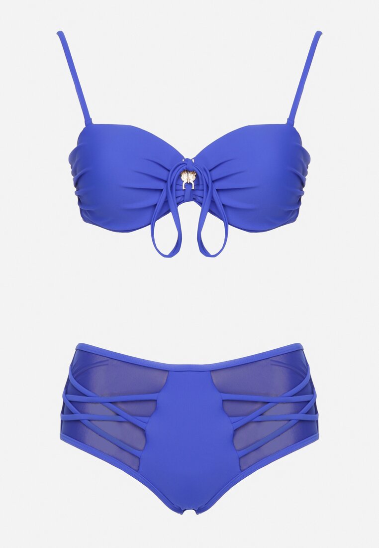 Niebieskie Bikini Biustonosz i Majtki Figi z Wysokim Stanem Zdobione Siateczką Kinetia