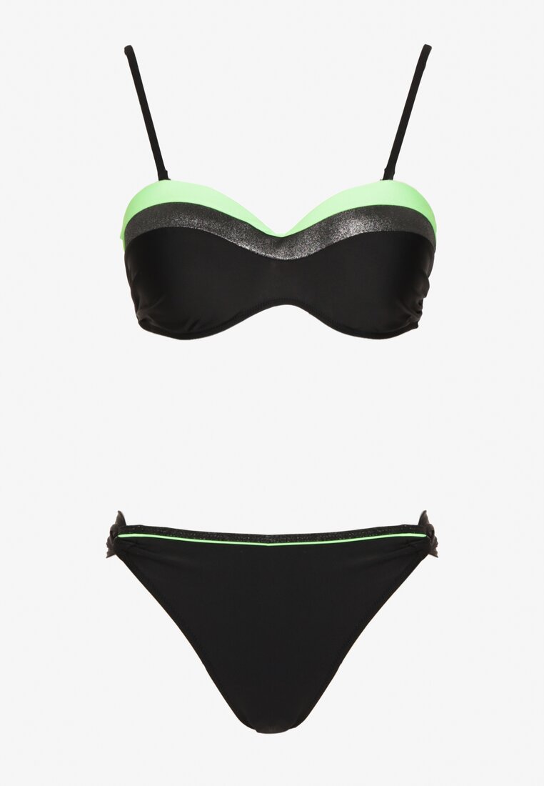 Zielono-Czarne Bikini Figi i Usztywniany Biustonosz Ozdobiony Metaliczną Nicią Artellia