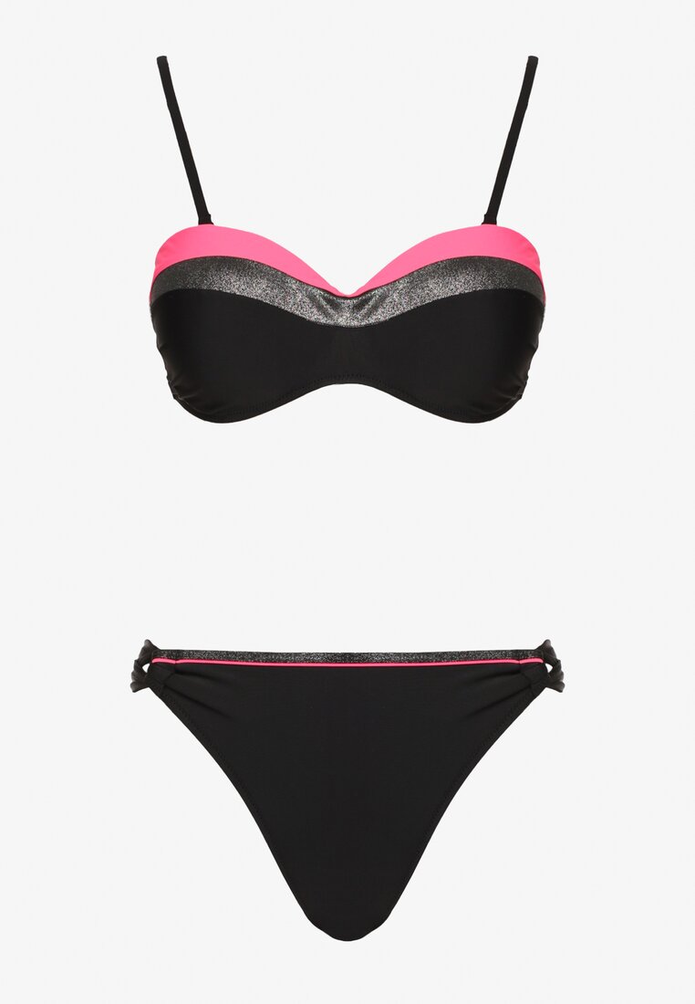 Różowo-Czarne Bikini Figi i Usztywniany Biustonosz Ozdobiony Metaliczną Nicią Artellia