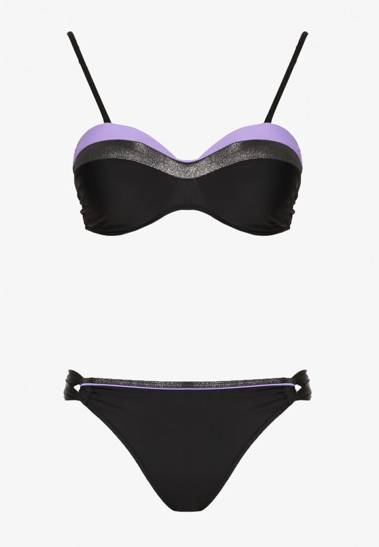 Fioletowo-Czarne Bikini Figi i Usztywniany Biustonosz Ozdobiony Metaliczną Nicią Artellia