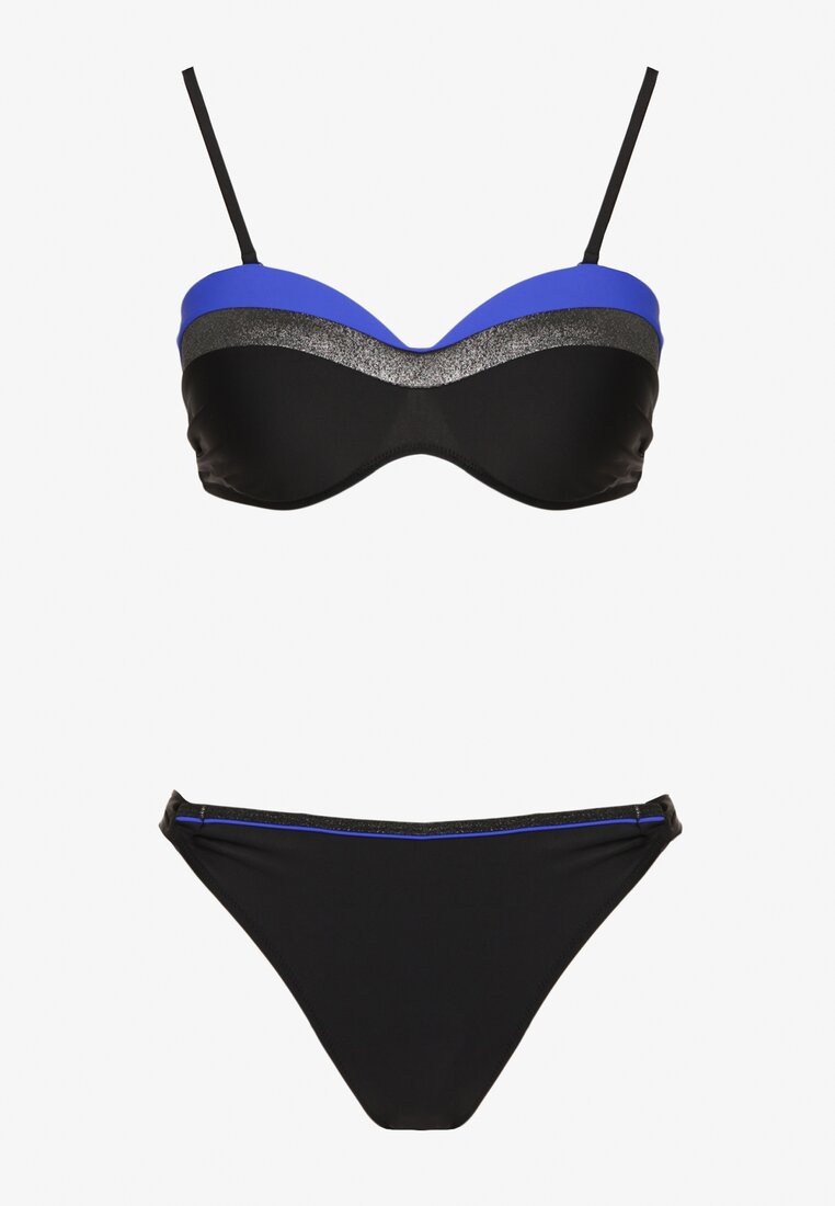 Niebiesko-Czarne Bikini Figi i Usztywniany Biustonosz Ozdobiony Metaliczną Nicią Artellia