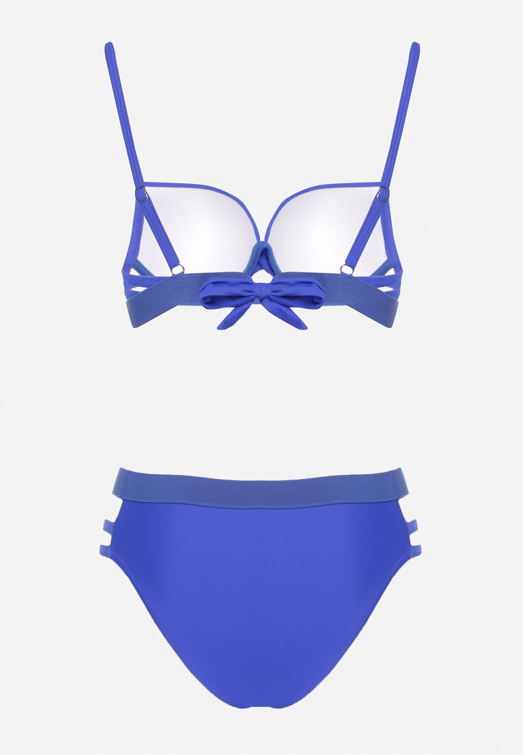 Niebieskie Bikini Biustonosz z Wiązaniem i Majtki Figi Zdobione Wycięciami Kinelena