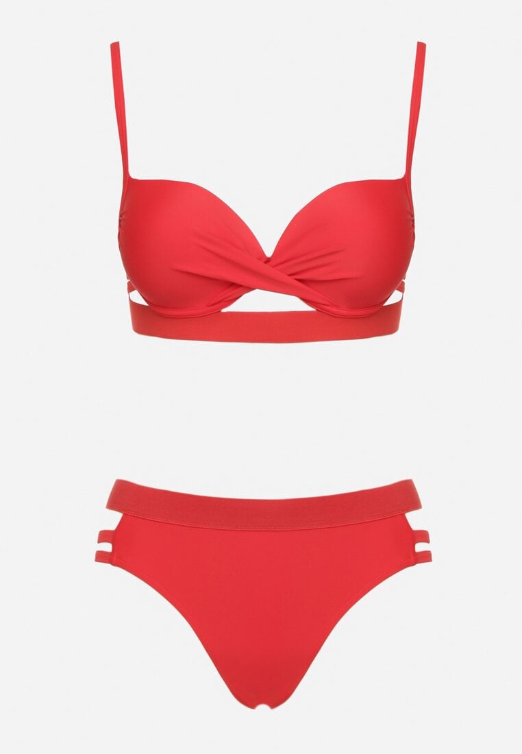Czerwone Bikini Biustonosz z Wiązaniem i Majtki Figi Zdobione Wycięciami Kinelena
