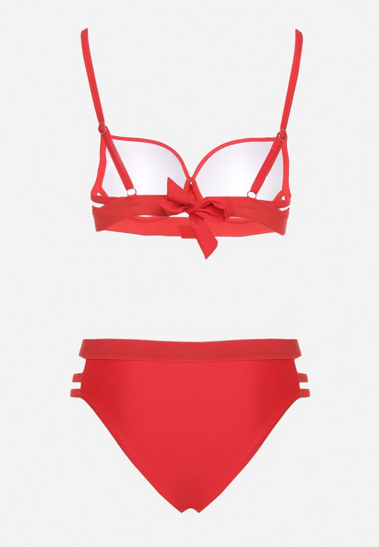 Czerwone Bikini Biustonosz z Wiązaniem i Majtki Figi Zdobione Wycięciami Kinelena