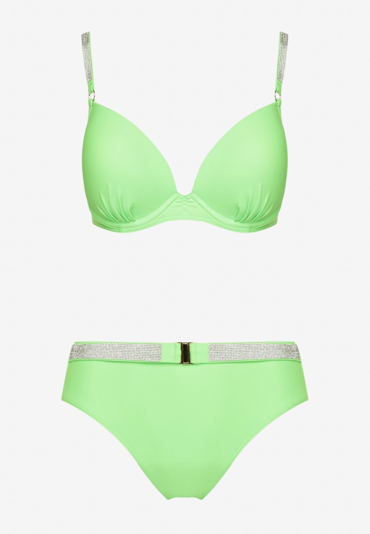 Jasnozielone Bikini Biustonosz z Cyrkoniami i Majtki Typu Figi Tesenna