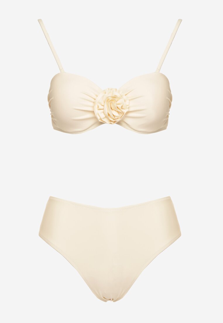 Beżowe Bikini Biustonosz z Kwiatem 3D i Majtki Typu Figi Telanea