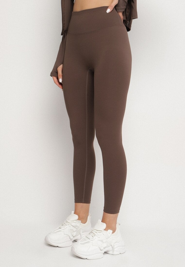 Brązowy Komplet Sportowy Bluza z Wycięciem na Kciuk i Legginsy Redinelle