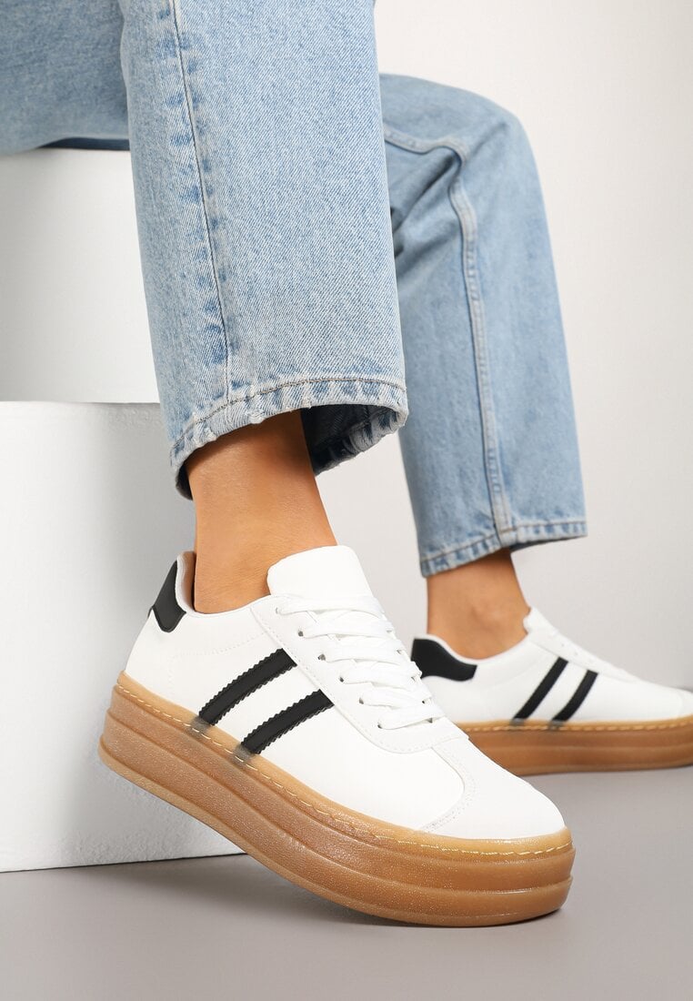 Białe Sneakersy na Grubej Podeszwie z Ozdobnym Wzorem Felimala