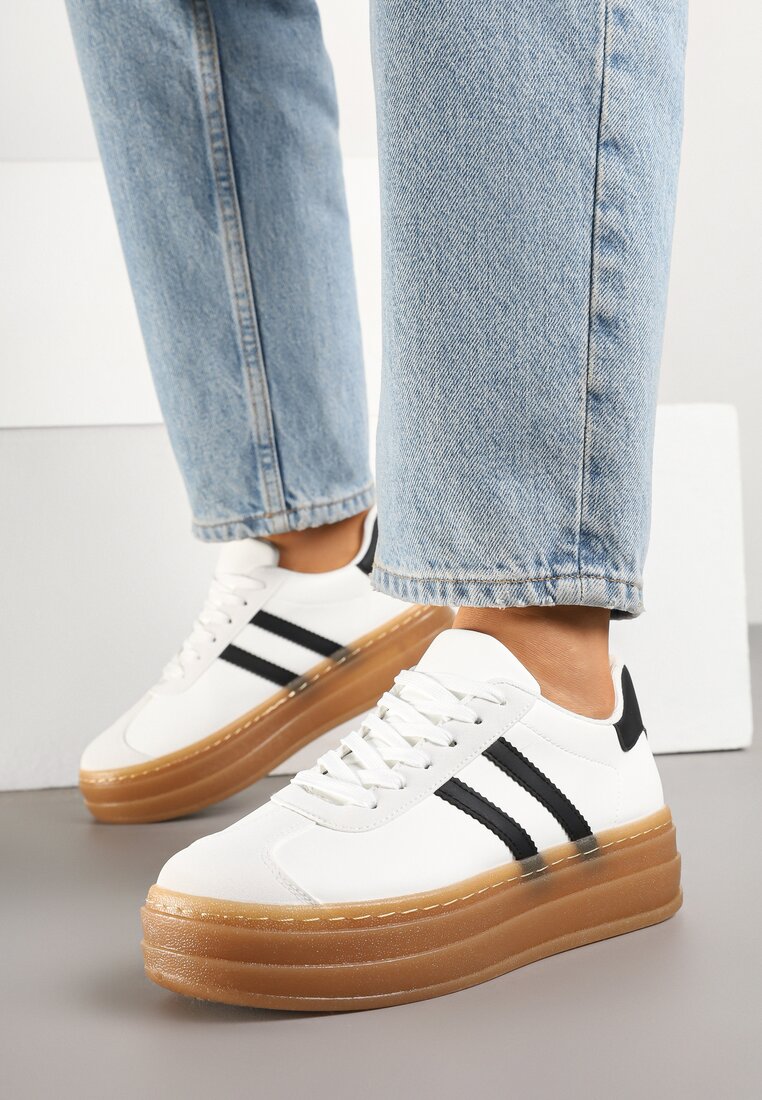 Białe Sneakersy na Grubej Podeszwie z Ozdobnym Wzorem Felimala