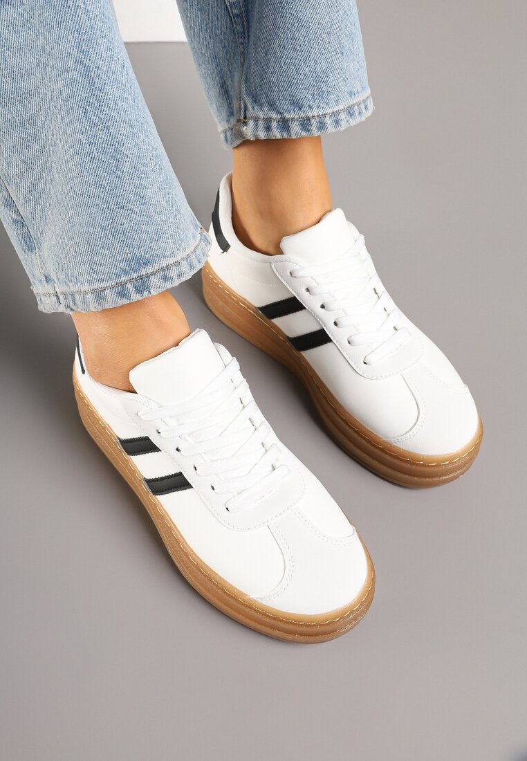 Białe Sneakersy na Grubej Podeszwie z Ozdobnym Wzorem Felimala