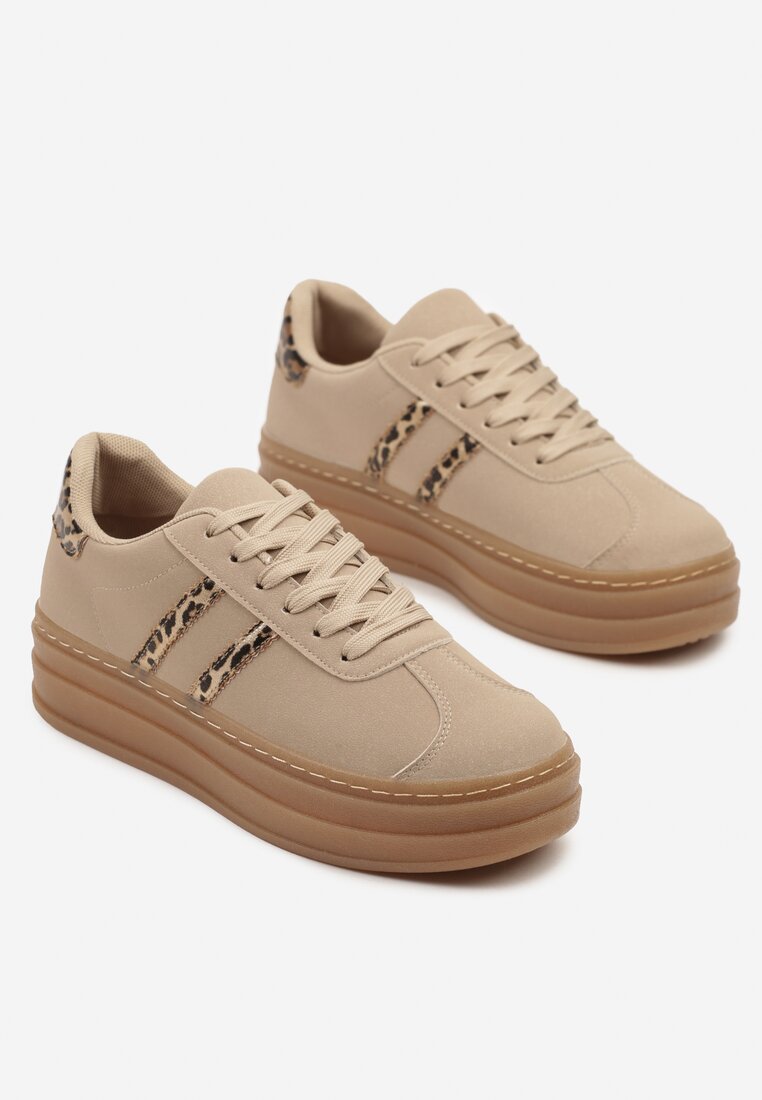 Ciemnobeżowe Sneakersy na Grubej Podeszwie z Ozdobnym Wzorem Felimala