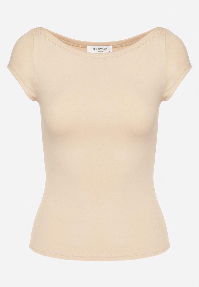 Jasnobeżowy T-shirt z Bawełny o Dopasowanym Kroju z Dekoltem w Łódkę Galerissa