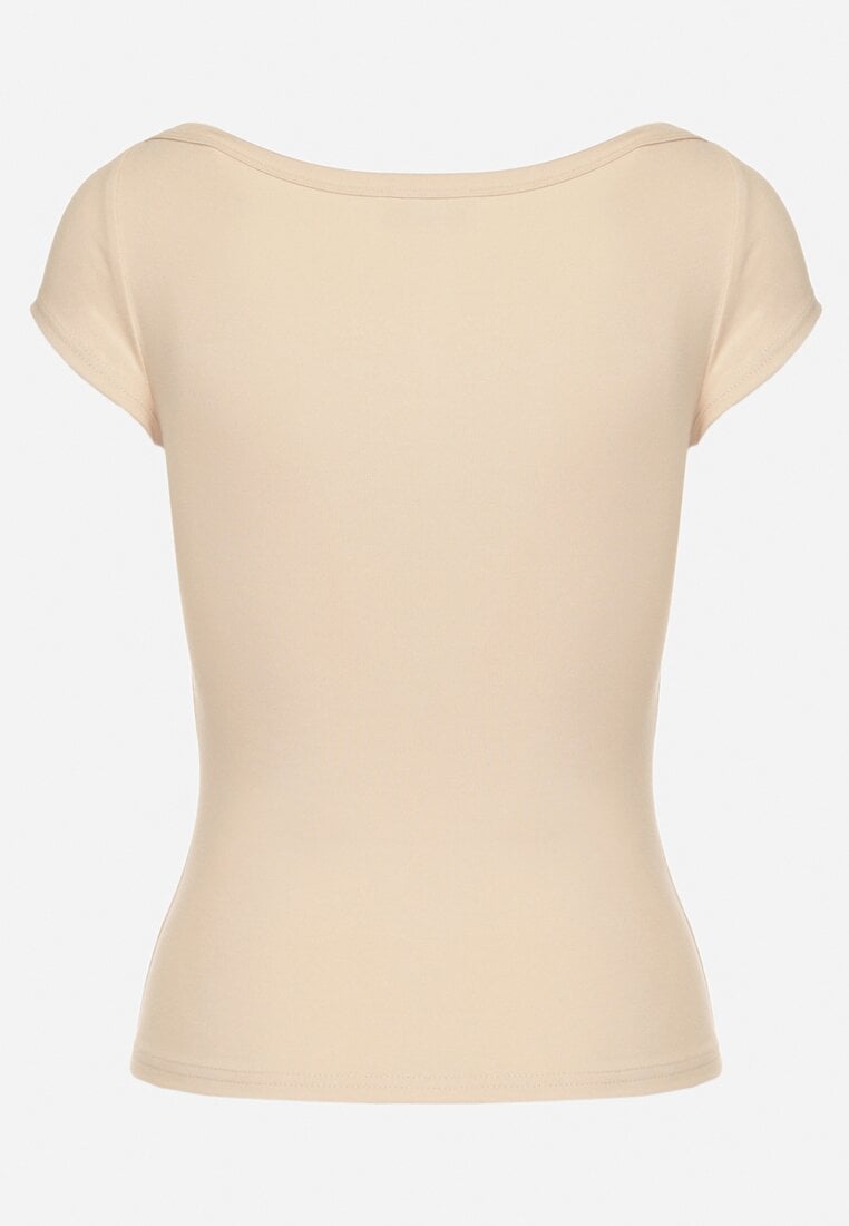 Jasnobeżowy T-shirt z Bawełny o Dopasowanym Kroju z Dekoltem w Łódkę Galerissa