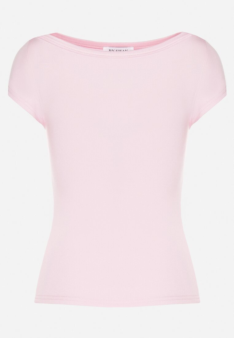 Różowy T-shirt z Bawełny o Dopasowanym Kroju z Dekoltem w Łódkę Galerissa