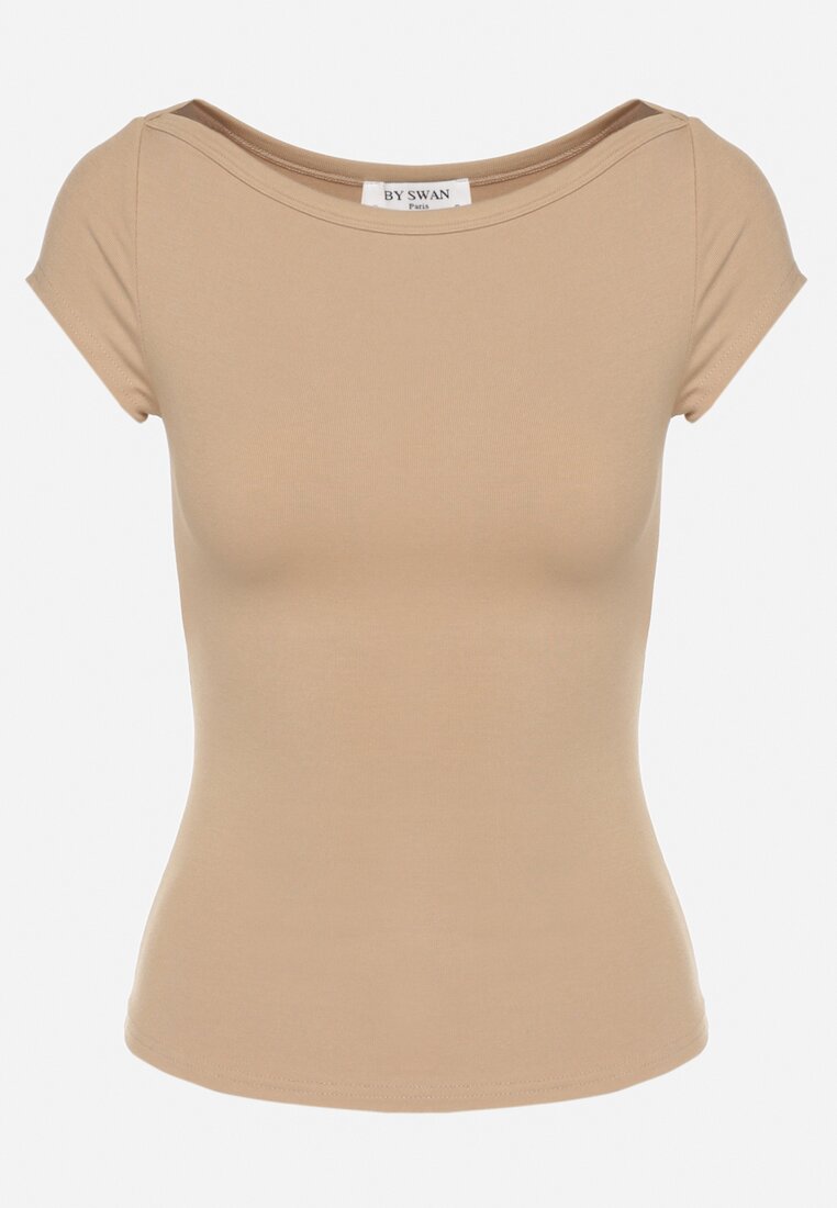 Brązowy T-shirt z Bawełny o Dopasowanym Kroju z Dekoltem w Łódkę Galerissa