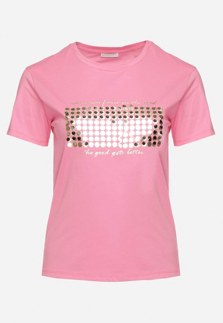 Różowy T-shirt Bawełniany Ozdobiony Cekinami Lirenell