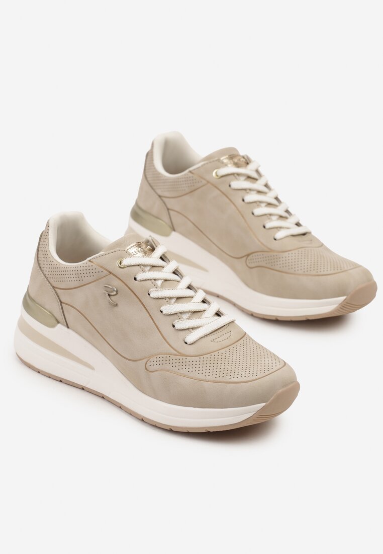 Beżowe Sneakersy na Koturnie z Ozdobnymi Tłoczeniami Maroriella