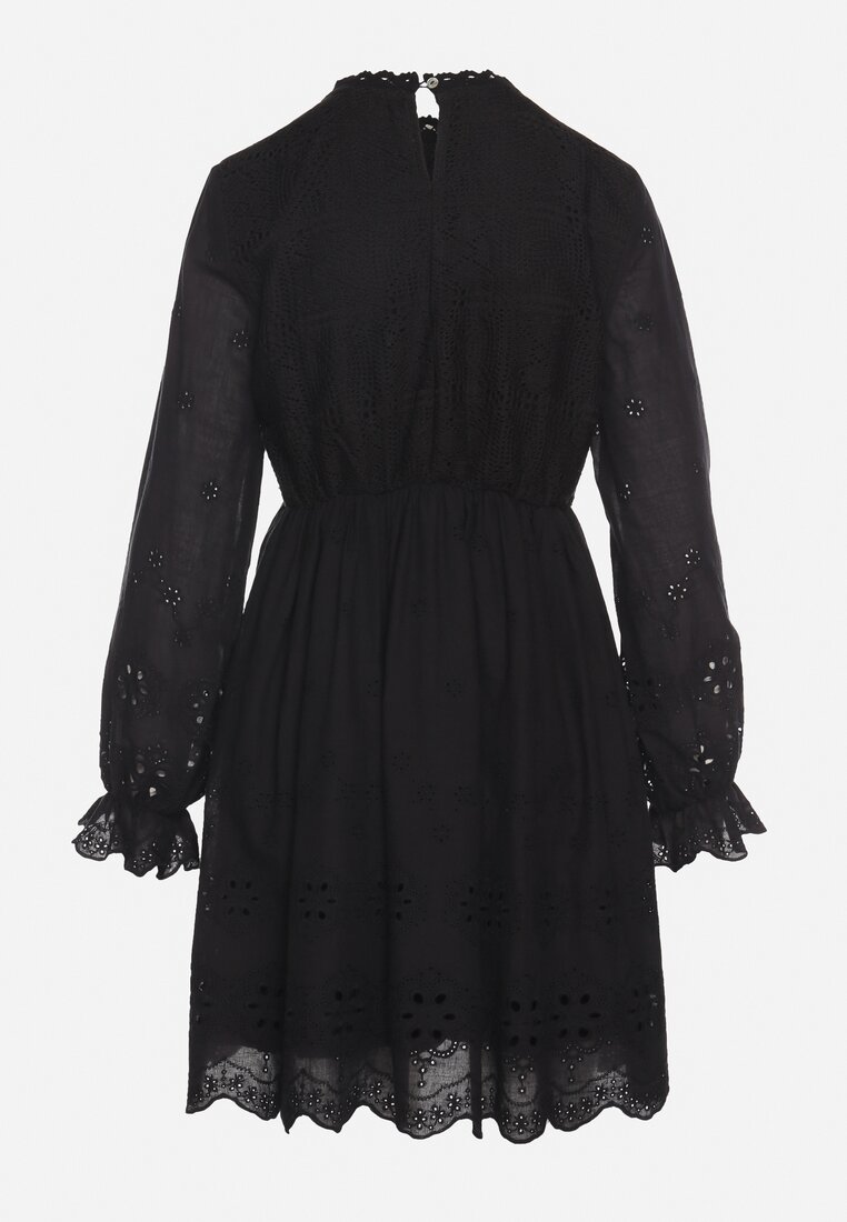 Czarna Sukienka Boho o Rozkloszowanym Kroju z Haftowanymi Zdobieniami Ifflina