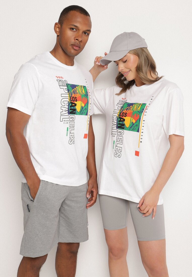 Biała Koszulka T-shirt z Bawełny z Ozdobnym Nadrukiem Savenelle
