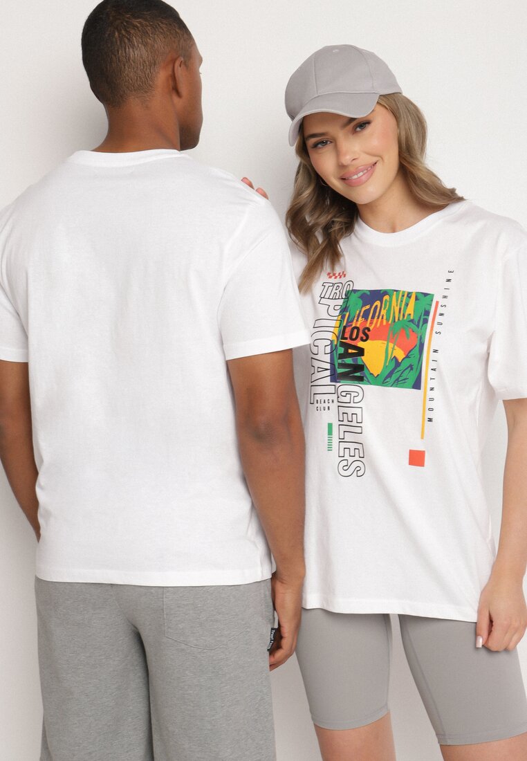 Biała Koszulka T-shirt z Bawełny z Ozdobnym Nadrukiem Savenelle