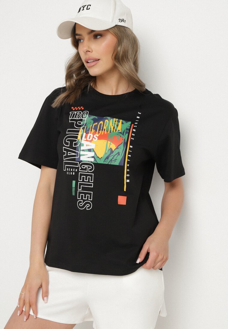 Czarna Koszulka T-shirt z Bawełny z Ozdobnym Nadrukiem Savenelle