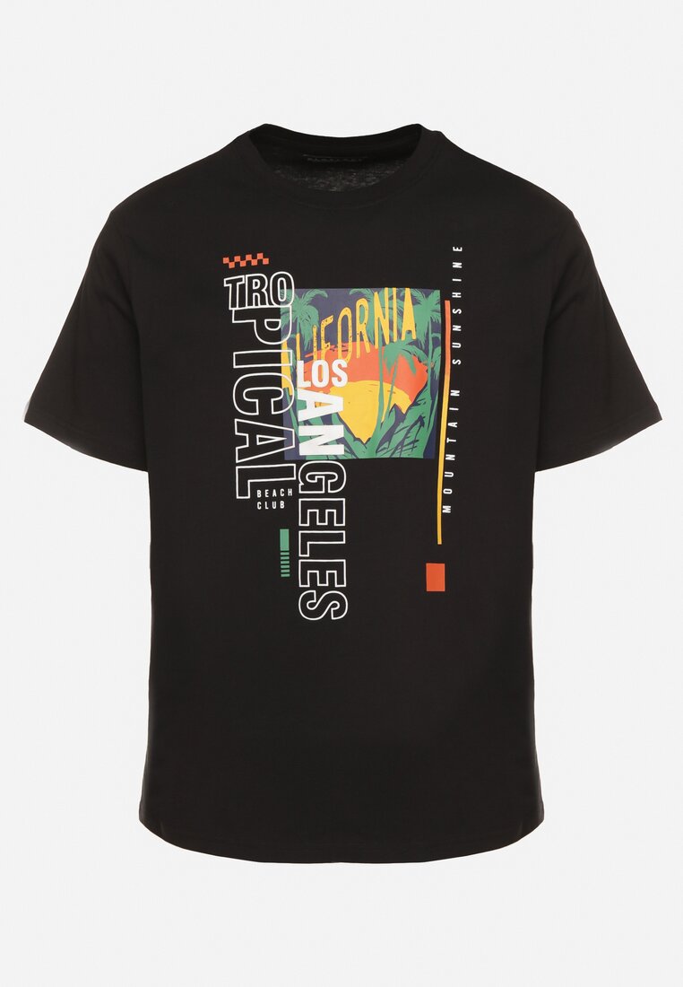 Czarna Koszulka T-shirt z Bawełny z Ozdobnym Nadrukiem Savenelle