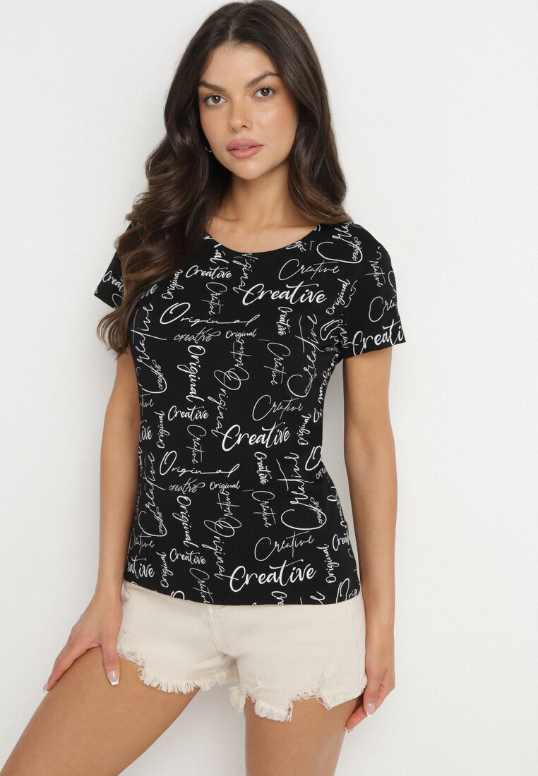 Czarny T-shirt z Bawełny Zdobiony Nadrukiem z Napisami Mirindela