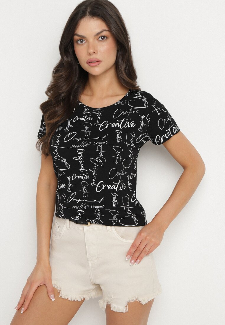 Czarny T-shirt z Bawełny Zdobiony Nadrukiem z Napisami Mirindela