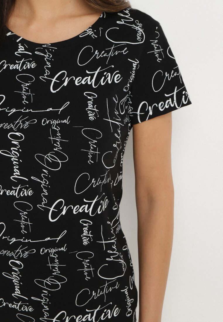 Czarny T-shirt z Bawełny Zdobiony Nadrukiem z Napisami Mirindela