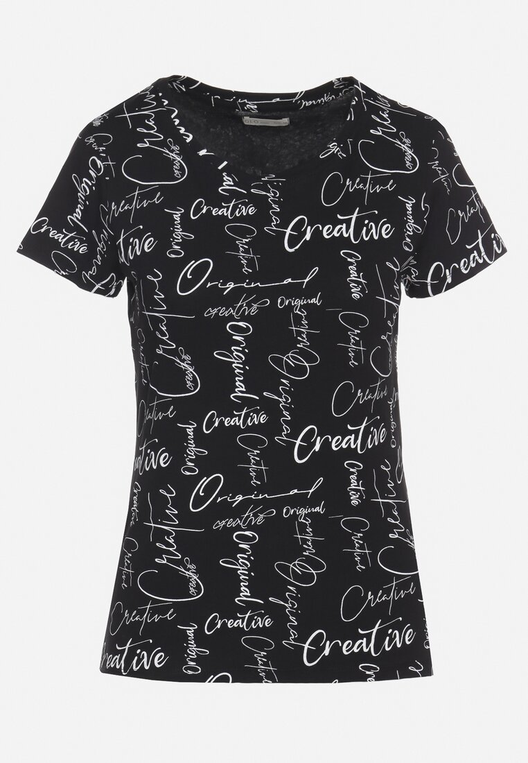 Czarny T-shirt z Bawełny Zdobiony Nadrukiem z Napisami Mirindela