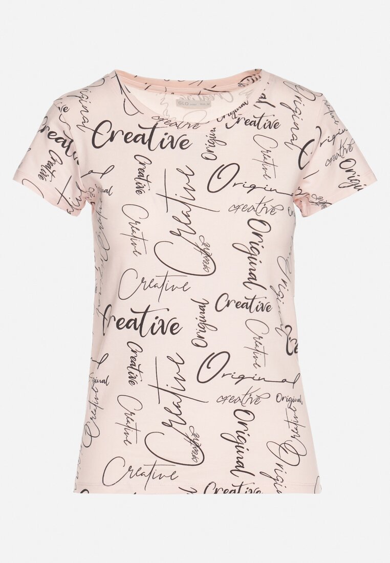 Różowy T-shirt z Bawełny Zdobiony Nadrukiem z Napisami Mirindela