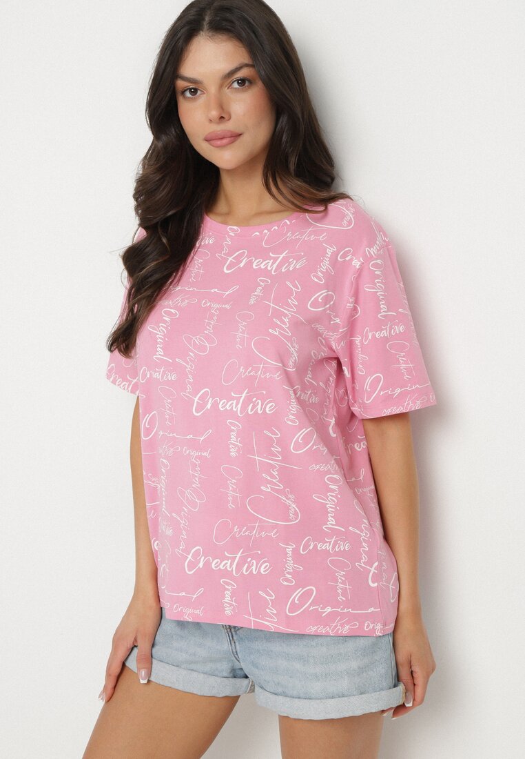 Różowy T-shirt Oversize z Bawełny Zdobiony Nadrukiem Sinelra