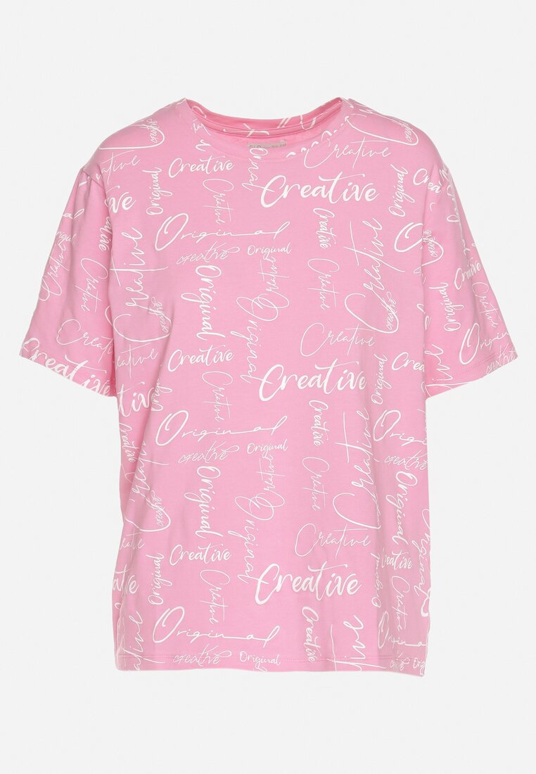Różowy T-shirt Oversize z Bawełny Zdobiony Nadrukiem Sinelra